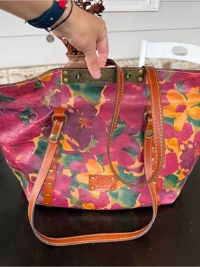 Patricia Nash Colorful Floral Leather Tote Bag with Brown Leather Straps